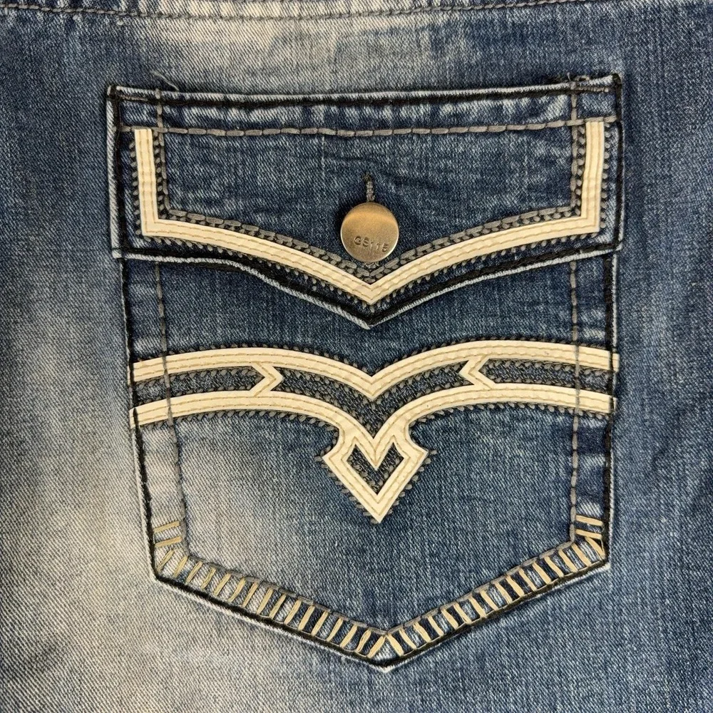 Y2K GS115 Jeans Mens 42x33 Blue Slim Fit Straight Leg Denim Embroidered